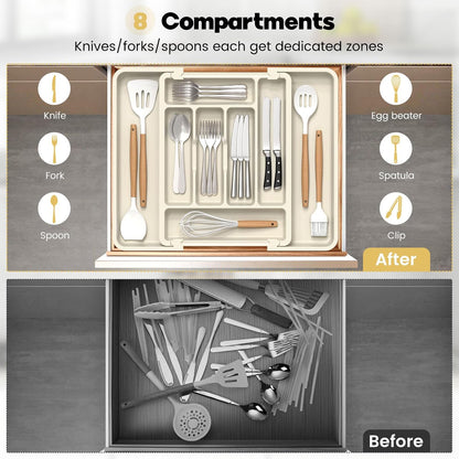 Large Silverware Organizer for Kitchen Drawer & Utensils - Expandable Drawer Organizer for Cutlery, Flatware & Gadget, BPA-Free Thick Plastic, Wider Compartments & Non-skid Feet (Tofu)