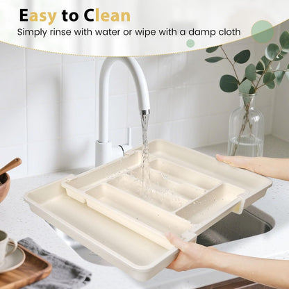Large Silverware Organizer for Kitchen Drawer & Utensils - Expandable Drawer Organizer for Cutlery, Flatware & Gadget, BPA-Free Thick Plastic, Wider Compartments & Non-skid Feet (Tofu)