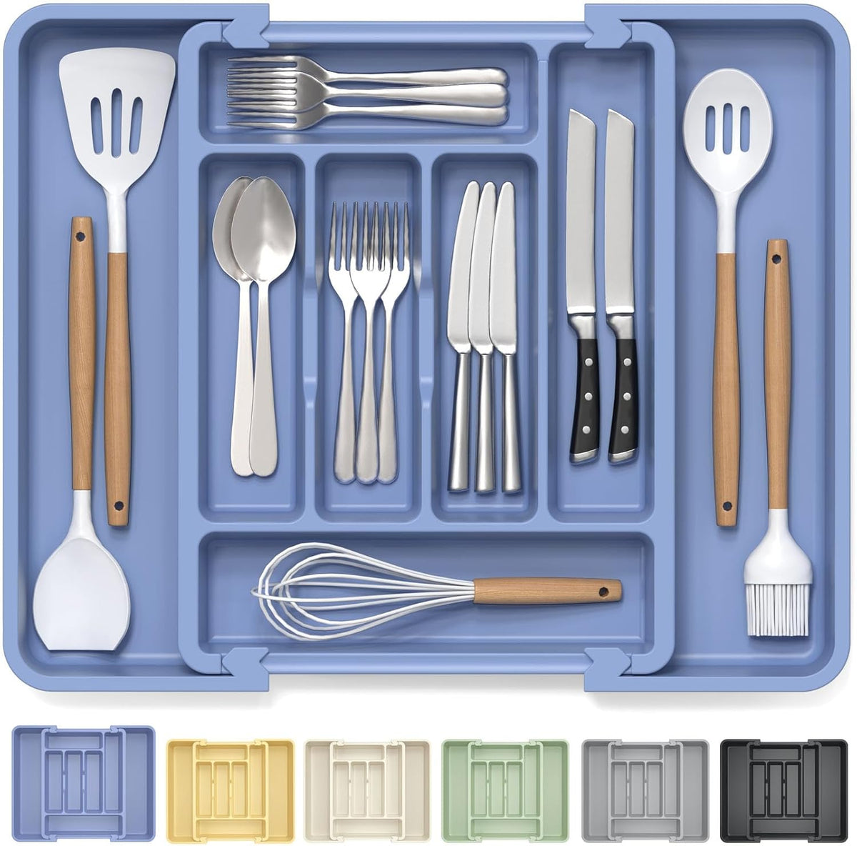 Large Silverware Organizer for Kitchen Drawer & Utensils - Expandable Drawer Organizer for Cutlery, Flatware & Gadget, BPA-Free Thick Plastic, Wider Compartments & Non-skid Feet (Tofu)