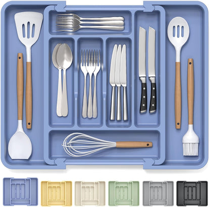 Large Silverware Organizer for Kitchen Drawer & Utensils - Expandable Drawer Organizer for Cutlery, Flatware & Gadget, BPA-Free Thick Plastic, Wider Compartments & Non-skid Feet (Tofu)
