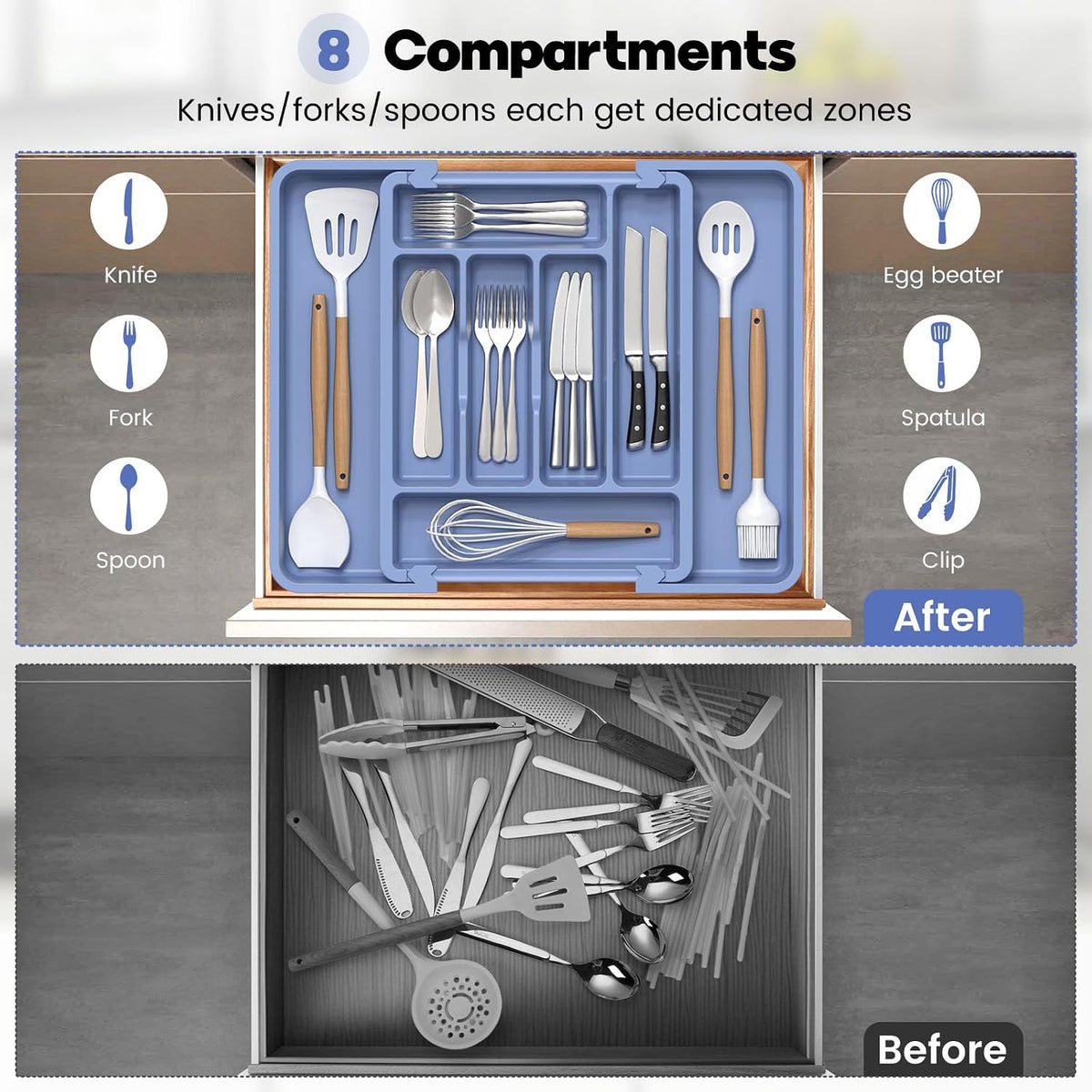 Large Silverware Organizer for Kitchen Drawer & Utensils - Expandable Drawer Organizer for Cutlery, Flatware & Gadget, BPA-Free Thick Plastic, Wider Compartments & Non-skid Feet (Tofu)