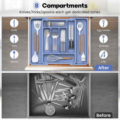 Large Silverware Organizer for Kitchen Drawer & Utensils - Expandable Drawer Organizer for Cutlery, Flatware & Gadget, BPA-Free Thick Plastic, Wider Compartments & Non-skid Feet (Tofu)