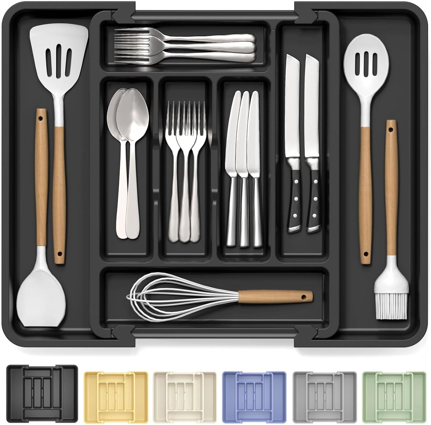 Large Silverware Organizer for Kitchen Drawer & Utensils - Expandable Drawer Organizer for Cutlery, Flatware & Gadget, BPA-Free Thick Plastic, Wider Compartments & Non-skid Feet (Tofu)