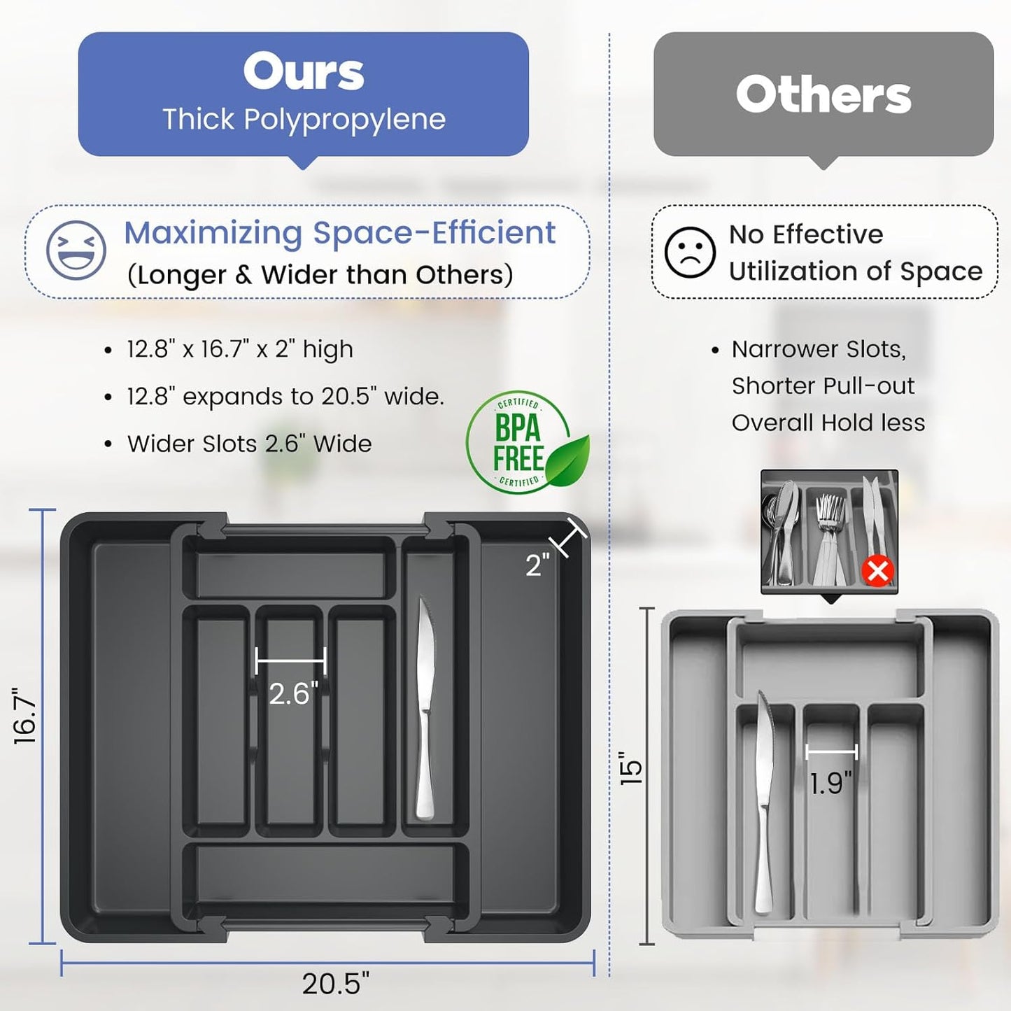 Large Silverware Organizer for Kitchen Drawer & Utensils - Expandable Drawer Organizer for Cutlery, Flatware & Gadget, BPA-Free Thick Plastic, Wider Compartments & Non-skid Feet (Tofu)