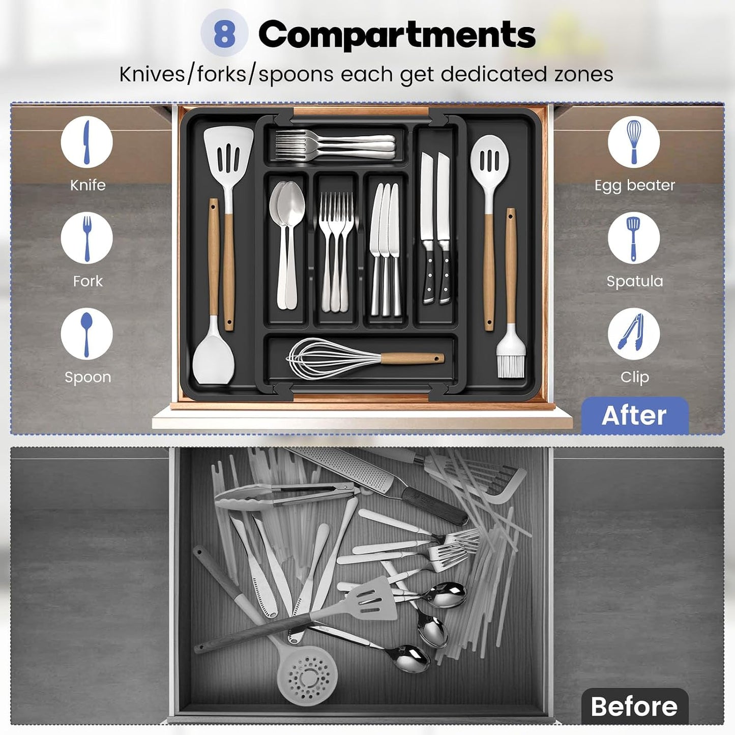 Large Silverware Organizer for Kitchen Drawer & Utensils - Expandable Drawer Organizer for Cutlery, Flatware & Gadget, BPA-Free Thick Plastic, Wider Compartments & Non-skid Feet (Tofu)