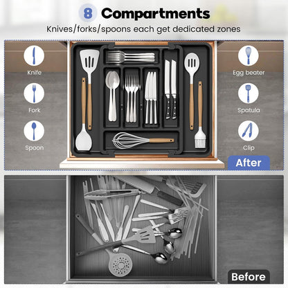 Large Silverware Organizer for Kitchen Drawer & Utensils - Expandable Drawer Organizer for Cutlery, Flatware & Gadget, BPA-Free Thick Plastic, Wider Compartments & Non-skid Feet (Tofu)