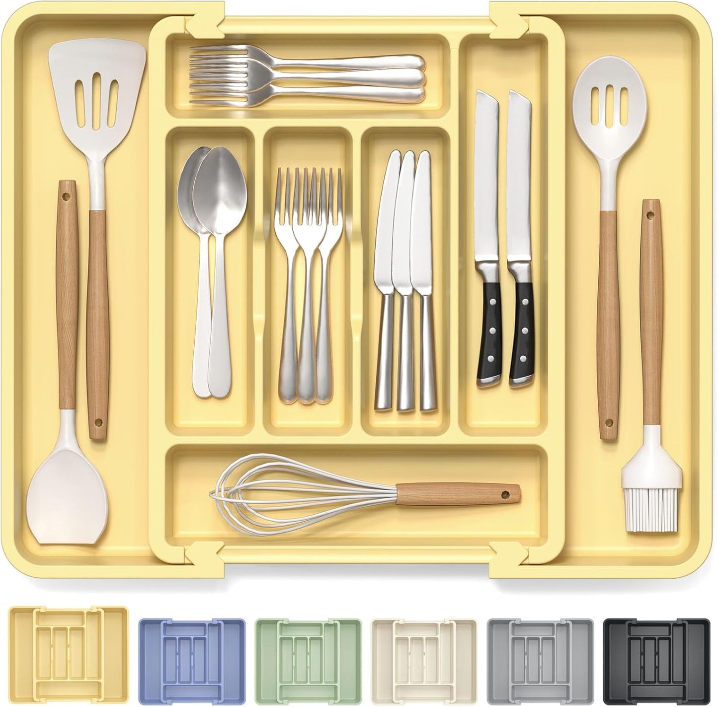 Large Silverware Organizer for Kitchen Drawer & Utensils - Expandable Drawer Organizer for Cutlery, Flatware & Gadget, BPA-Free Thick Plastic, Wider Compartments & Non-skid Feet (Tofu)
