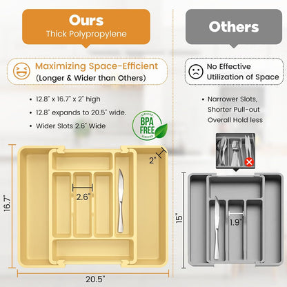 Large Silverware Organizer for Kitchen Drawer & Utensils - Expandable Drawer Organizer for Cutlery, Flatware & Gadget, BPA-Free Thick Plastic, Wider Compartments & Non-skid Feet (Tofu)