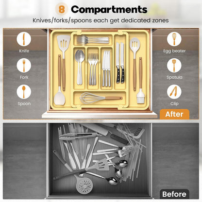 Large Silverware Organizer for Kitchen Drawer & Utensils - Expandable Drawer Organizer for Cutlery, Flatware & Gadget, BPA-Free Thick Plastic, Wider Compartments & Non-skid Feet (Tofu)