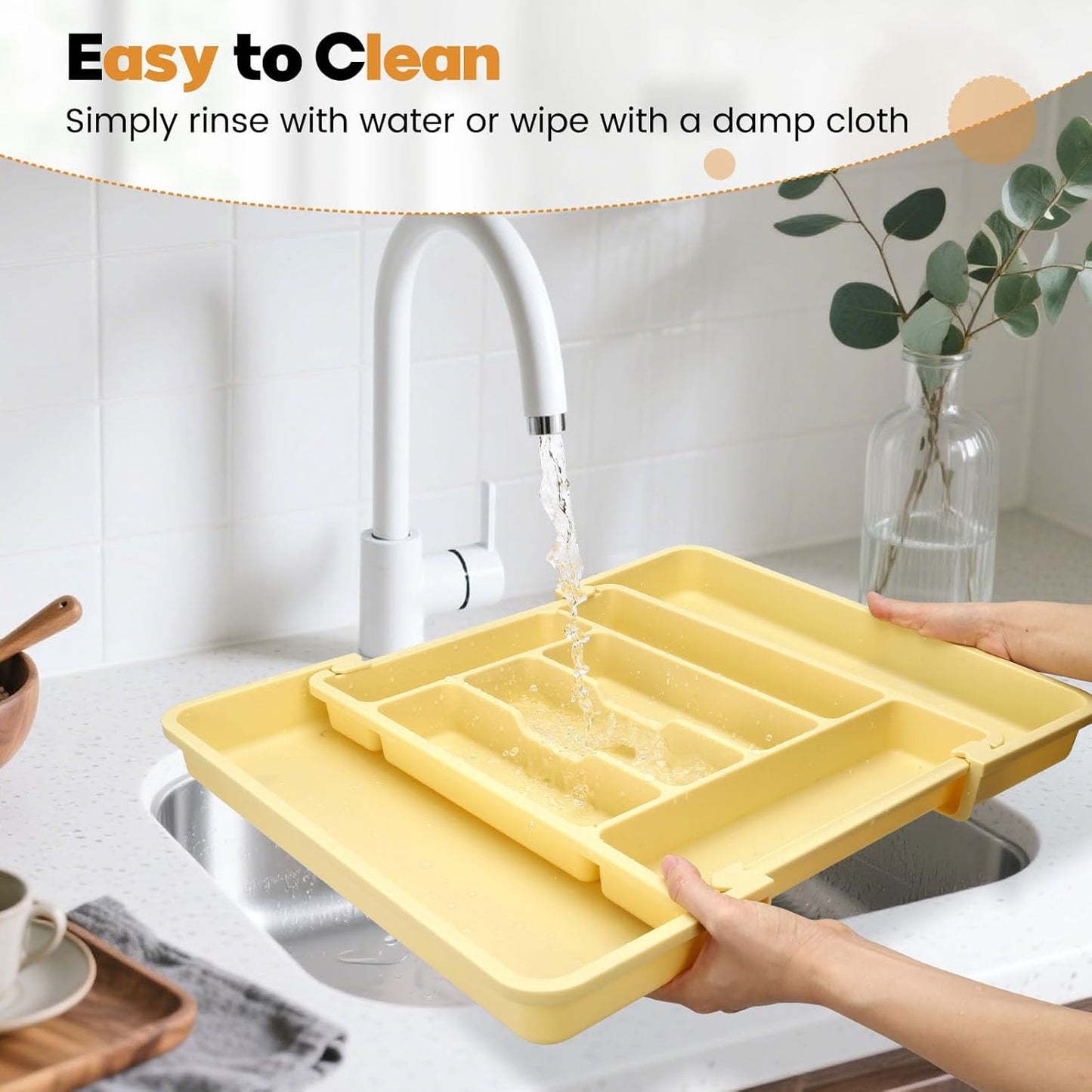 Large Silverware Organizer for Kitchen Drawer & Utensils - Expandable Drawer Organizer for Cutlery, Flatware & Gadget, BPA-Free Thick Plastic, Wider Compartments & Non-skid Feet (Tofu)