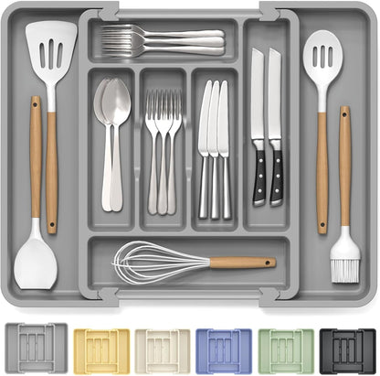Large Silverware Organizer for Kitchen Drawer & Utensils - Expandable Drawer Organizer for Cutlery, Flatware & Gadget, BPA-Free Thick Plastic, Wider Compartments & Non-skid Feet (Tofu)