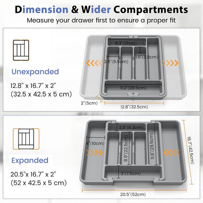 Large Silverware Organizer for Kitchen Drawer & Utensils - Expandable Drawer Organizer for Cutlery, Flatware & Gadget, BPA-Free Thick Plastic, Wider Compartments & Non-skid Feet (Tofu)