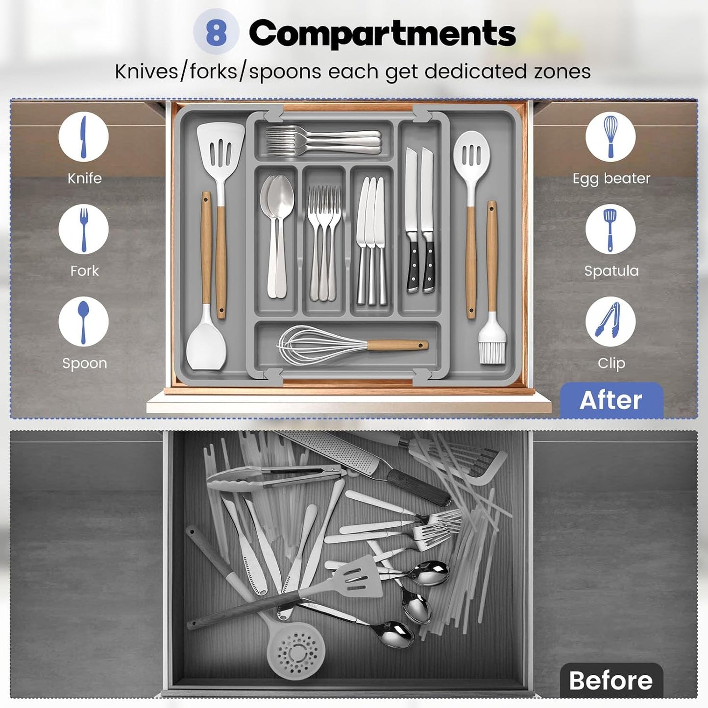Large Silverware Organizer for Kitchen Drawer & Utensils - Expandable Drawer Organizer for Cutlery, Flatware & Gadget, BPA-Free Thick Plastic, Wider Compartments & Non-skid Feet (Tofu)