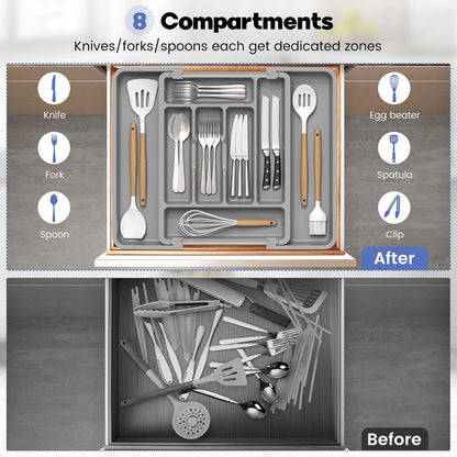 Large Silverware Organizer for Kitchen Drawer & Utensils - Expandable Drawer Organizer for Cutlery, Flatware & Gadget, BPA-Free Thick Plastic, Wider Compartments & Non-skid Feet (Tofu)