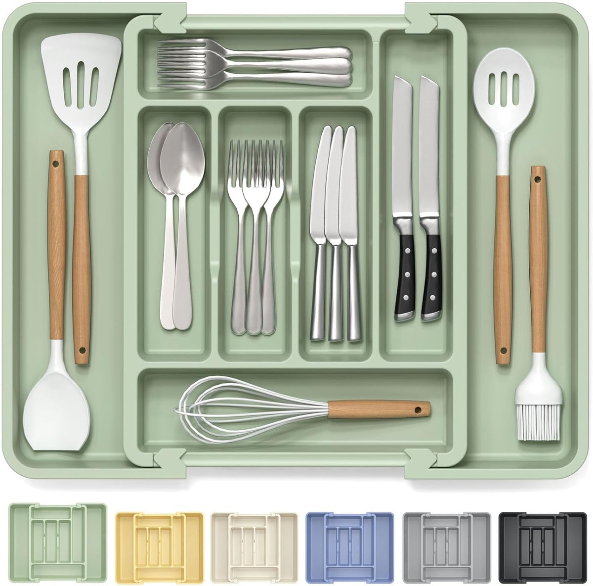 Large Silverware Organizer for Kitchen Drawer & Utensils - Expandable Drawer Organizer for Cutlery, Flatware & Gadget, BPA-Free Thick Plastic, Wider Compartments & Non-skid Feet (Tofu)