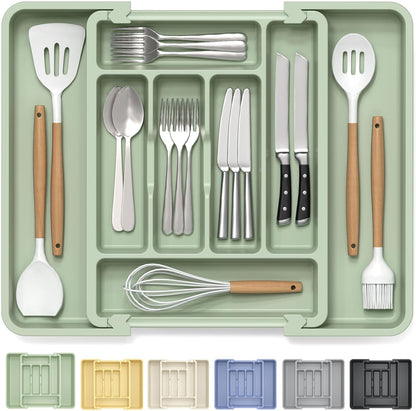 Large Silverware Organizer for Kitchen Drawer & Utensils - Expandable Drawer Organizer for Cutlery, Flatware & Gadget, BPA-Free Thick Plastic, Wider Compartments & Non-skid Feet (Tofu)