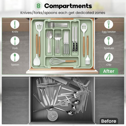 Large Silverware Organizer for Kitchen Drawer & Utensils - Expandable Drawer Organizer for Cutlery, Flatware & Gadget, BPA-Free Thick Plastic, Wider Compartments & Non-skid Feet (Tofu)