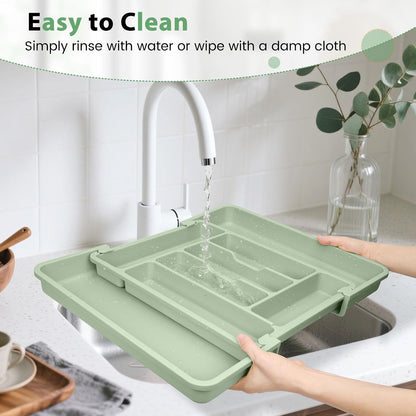 Large Silverware Organizer for Kitchen Drawer & Utensils - Expandable Drawer Organizer for Cutlery, Flatware & Gadget, BPA-Free Thick Plastic, Wider Compartments & Non-skid Feet (Tofu)