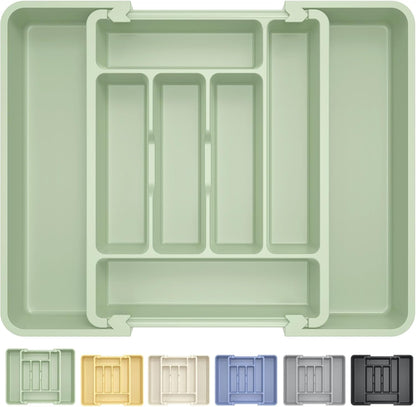 Large Silverware Organizer for Kitchen Drawer & Utensils - Expandable Drawer Organizer for Cutlery, Flatware & Gadget, BPA-Free Thick Plastic, Wider Compartments & Non-skid Feet (Tofu)