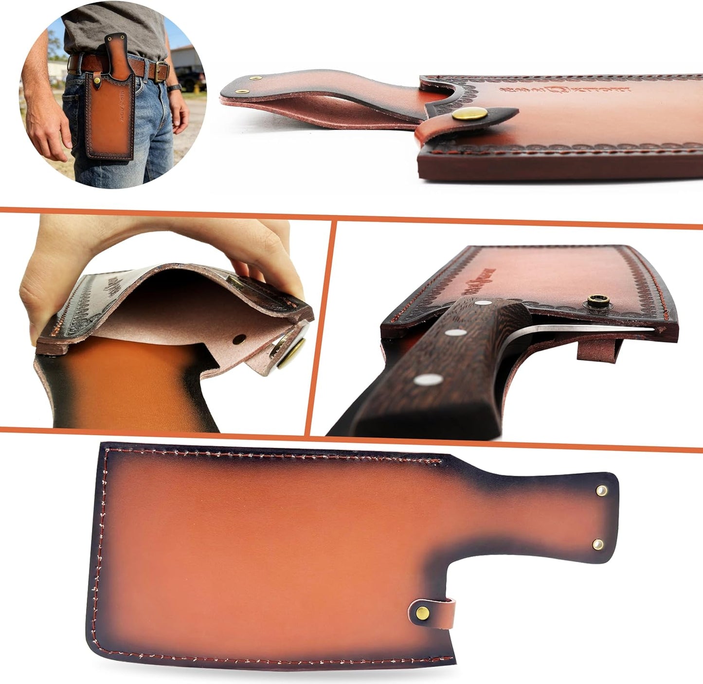 Leather Knife Sheath for Cleaver, Premium Genuine Leather Blade Cover with Snap Closure and Belt Loop, Universal Fit 7-8 Inch Chef Cleaver and Meat Chopper, Gift for Men Women