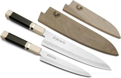 Yoshihiro 46 Layers Hammered Damascus Gyuto Chef Knife and Petty Utility Knife SET (Gyuto 8.25'' (210mm) & Petty 6'' (150mm), Ebony Handle Triple Ring)