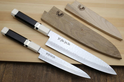 Yoshihiro 46 Layers Hammered Damascus Gyuto Chef Knife and Petty Utility Knife SET (Gyuto 8.25'' (210mm) & Petty 6'' (150mm), Ebony Handle Triple Ring)