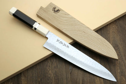 Yoshihiro 46 Layers Hammered Damascus Gyuto Chef Knife and Petty Utility Knife SET (Gyuto 8.25'' (210mm) & Petty 6'' (150mm), Ebony Handle Triple Ring)