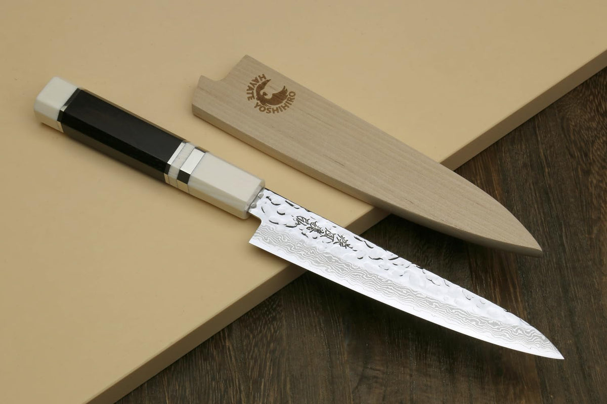 Yoshihiro 46 Layers Hammered Damascus Gyuto Chef Knife and Petty Utility Knife SET (Gyuto 8.25'' (210mm) & Petty 6'' (150mm), Ebony Handle Triple Ring)