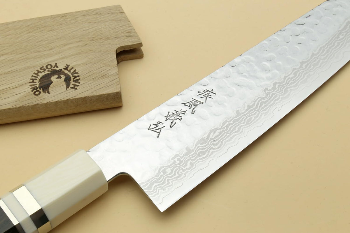 Yoshihiro 46 Layers Hammered Damascus Gyuto Chef Knife and Petty Utility Knife SET (Gyuto 8.25'' (210mm) & Petty 6'' (150mm), Ebony Handle Triple Ring)