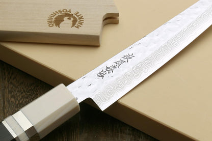 Yoshihiro 46 Layers Hammered Damascus Gyuto Chef Knife and Petty Utility Knife SET (Gyuto 8.25'' (210mm) & Petty 6'' (150mm), Ebony Handle Triple Ring)