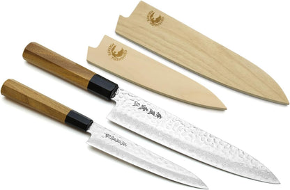Yoshihiro 46 Layers Hammered Damascus Gyuto Chef Knife and Petty Utility Knife SET (Gyuto 8.25'' (210mm) & Petty 6'' (150mm), Ebony Handle Triple Ring)