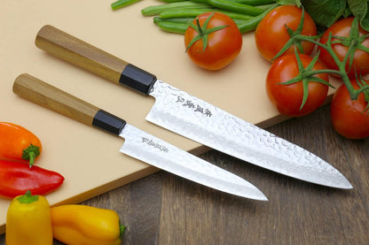 Yoshihiro 46 Layers Hammered Damascus Gyuto Chef Knife and Petty Utility Knife SET (Gyuto 8.25'' (210mm) & Petty 6'' (150mm), Ebony Handle Triple Ring)