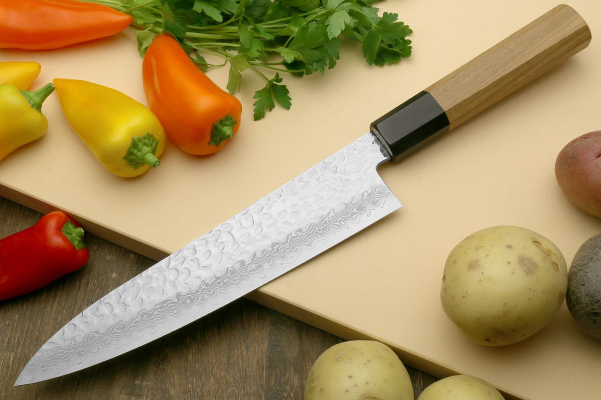 Yoshihiro 46 Layers Hammered Damascus Gyuto Chef Knife and Petty Utility Knife SET (Gyuto 8.25'' (210mm) & Petty 6'' (150mm), Ebony Handle Triple Ring)