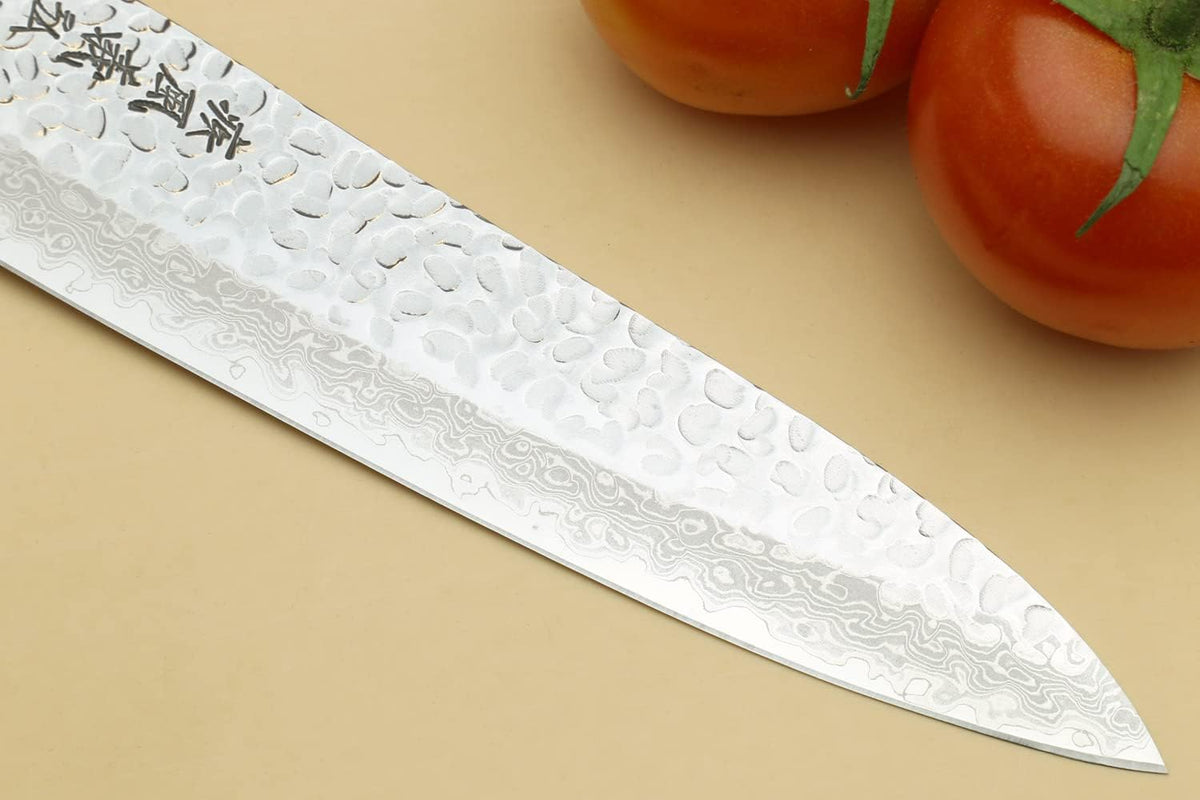 Yoshihiro 46 Layers Hammered Damascus Gyuto Chef Knife and Petty Utility Knife SET (Gyuto 8.25'' (210mm) & Petty 6'' (150mm), Ebony Handle Triple Ring)