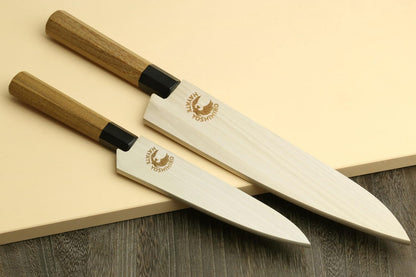 Yoshihiro 46 Layers Hammered Damascus Gyuto Chef Knife and Petty Utility Knife SET (Gyuto 8.25'' (210mm) & Petty 6'' (150mm), Ebony Handle Triple Ring)