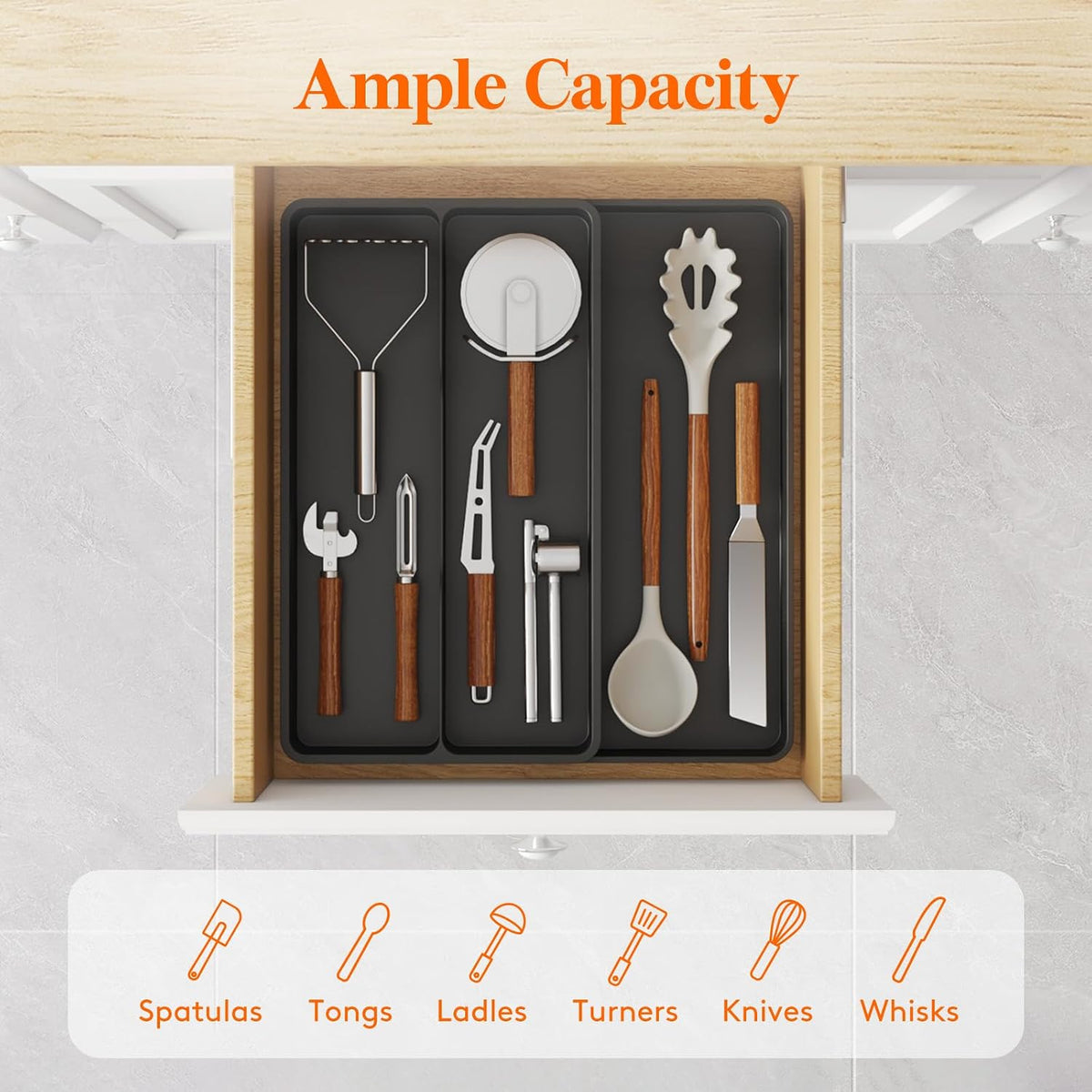 Utensil Organizer for Kitchen Drawer, Expandable Cooking Silverware Tray, Adjustable Cutlery Flatware Holder, Plastic Spatula Tools Storage Divider, 14.4 x 15.8", Black