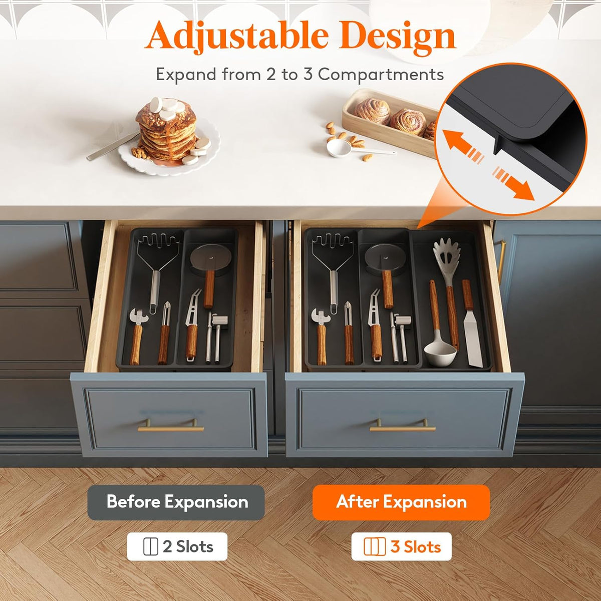Utensil Organizer for Kitchen Drawer, Expandable Cooking Silverware Tray, Adjustable Cutlery Flatware Holder, Plastic Spatula Tools Storage Divider, 14.4 x 15.8", Black
