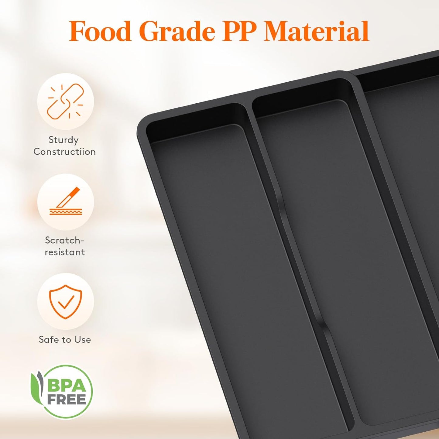 Utensil Organizer for Kitchen Drawer, Expandable Cooking Silverware Tray, Adjustable Cutlery Flatware Holder, Plastic Spatula Tools Storage Divider, 14.4 x 15.8", Black