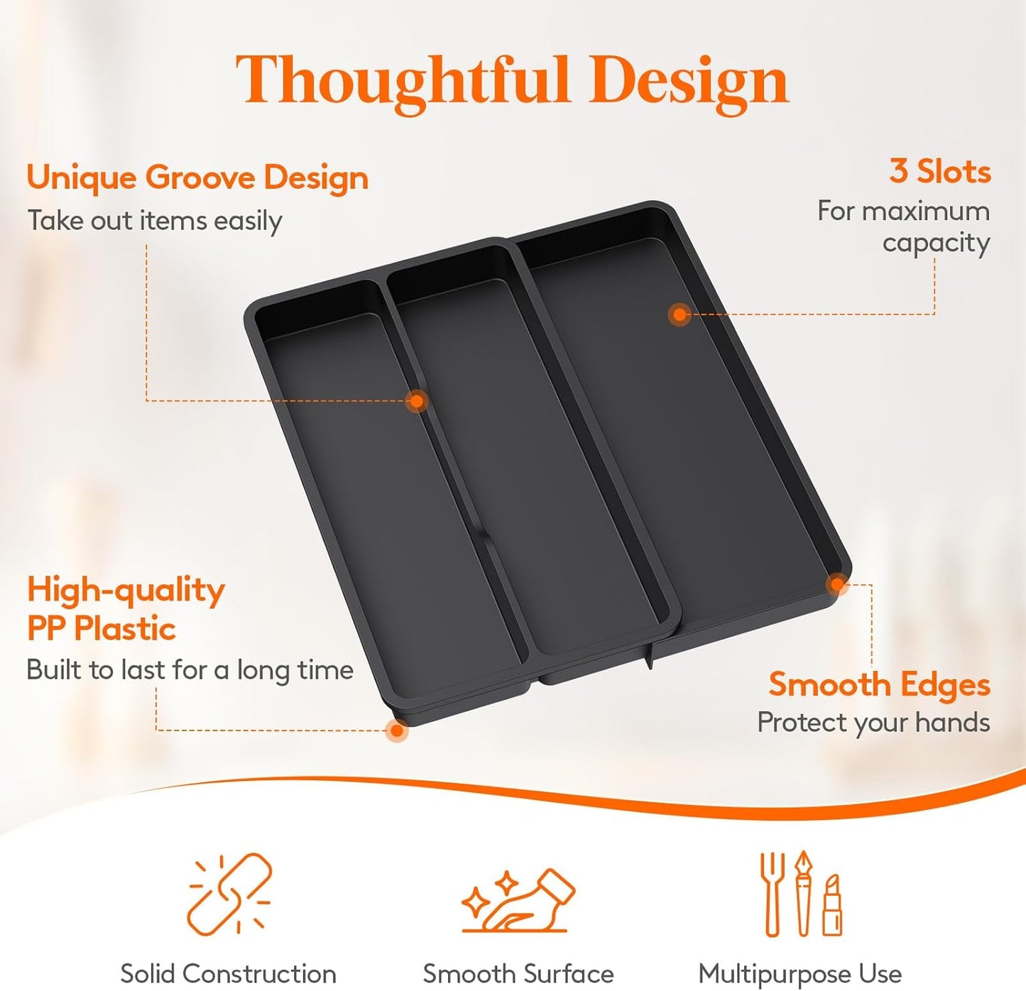 Utensil Organizer for Kitchen Drawer, Expandable Cooking Silverware Tray, Adjustable Cutlery Flatware Holder, Plastic Spatula Tools Storage Divider, 14.4 x 15.8", Black
