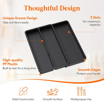 Utensil Organizer for Kitchen Drawer, Expandable Cooking Silverware Tray, Adjustable Cutlery Flatware Holder, Plastic Spatula Tools Storage Divider, 14.4 x 15.8", Black