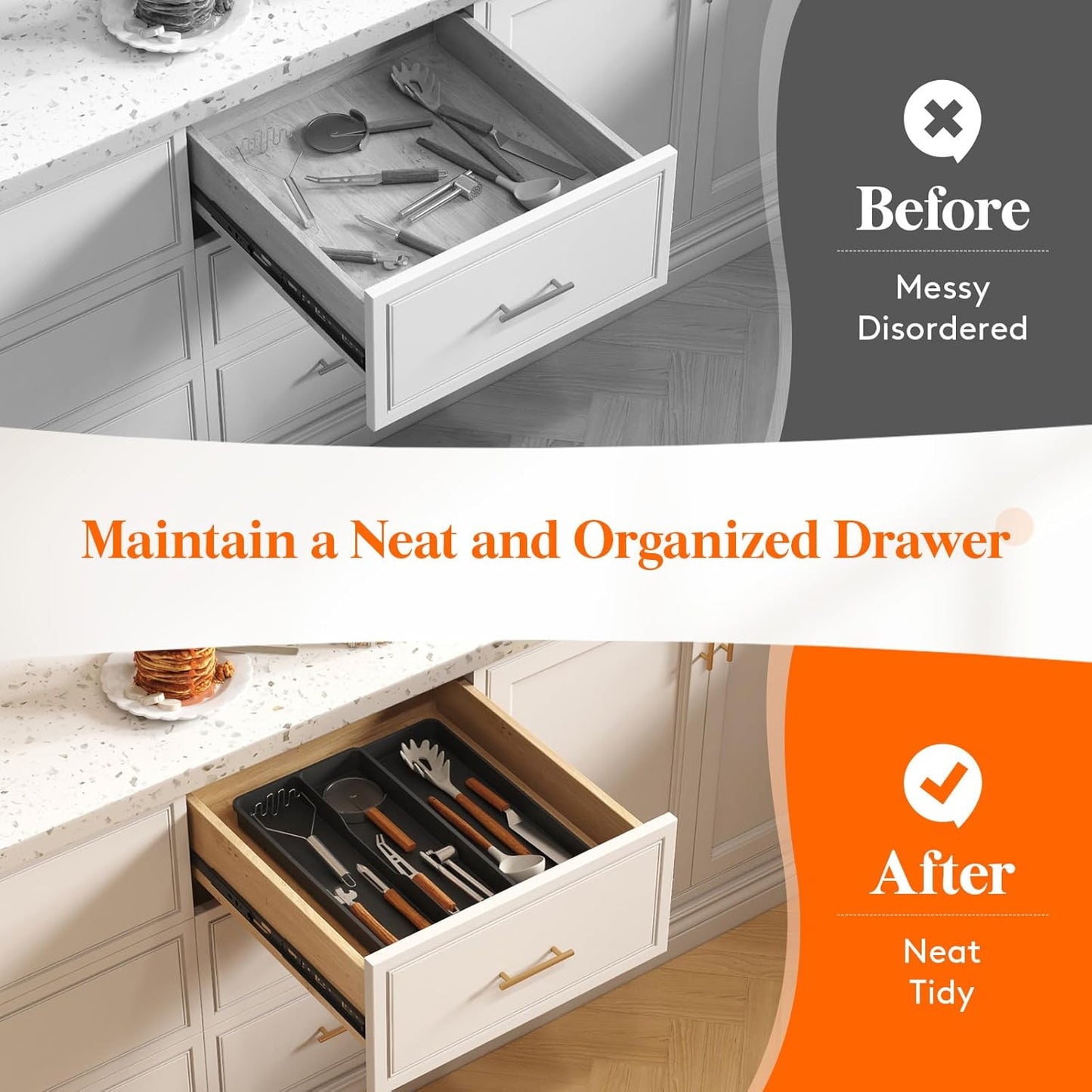 Utensil Organizer for Kitchen Drawer, Expandable Cooking Silverware Tray, Adjustable Cutlery Flatware Holder, Plastic Spatula Tools Storage Divider, 14.4 x 15.8", Black
