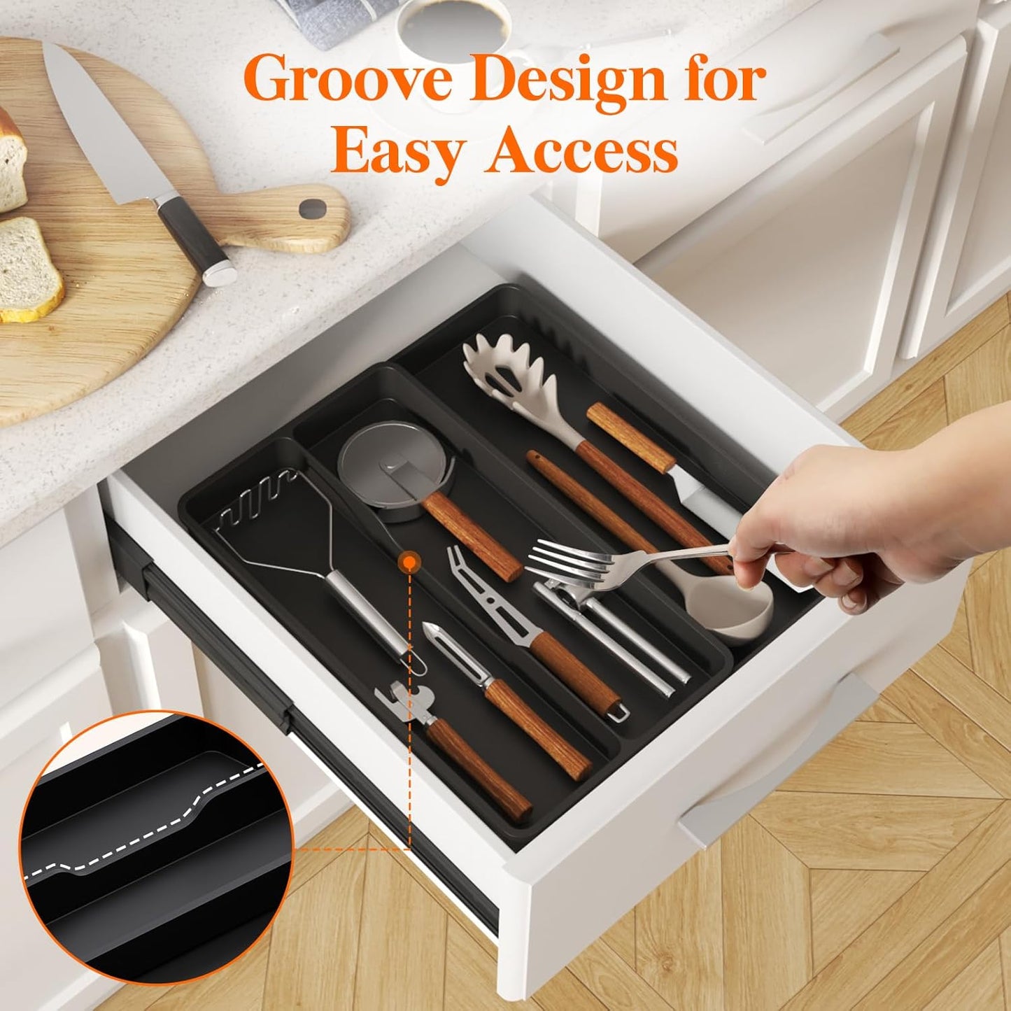 Utensil Organizer for Kitchen Drawer, Expandable Cooking Silverware Tray, Adjustable Cutlery Flatware Holder, Plastic Spatula Tools Storage Divider, 14.4 x 15.8", Black