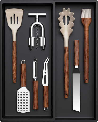 Utensil Organizer for Kitchen Drawer, Expandable Cooking Silverware Tray, Adjustable Cutlery Flatware Holder, Plastic Spatula Tools Storage Divider, 14.4 x 15.8", Black