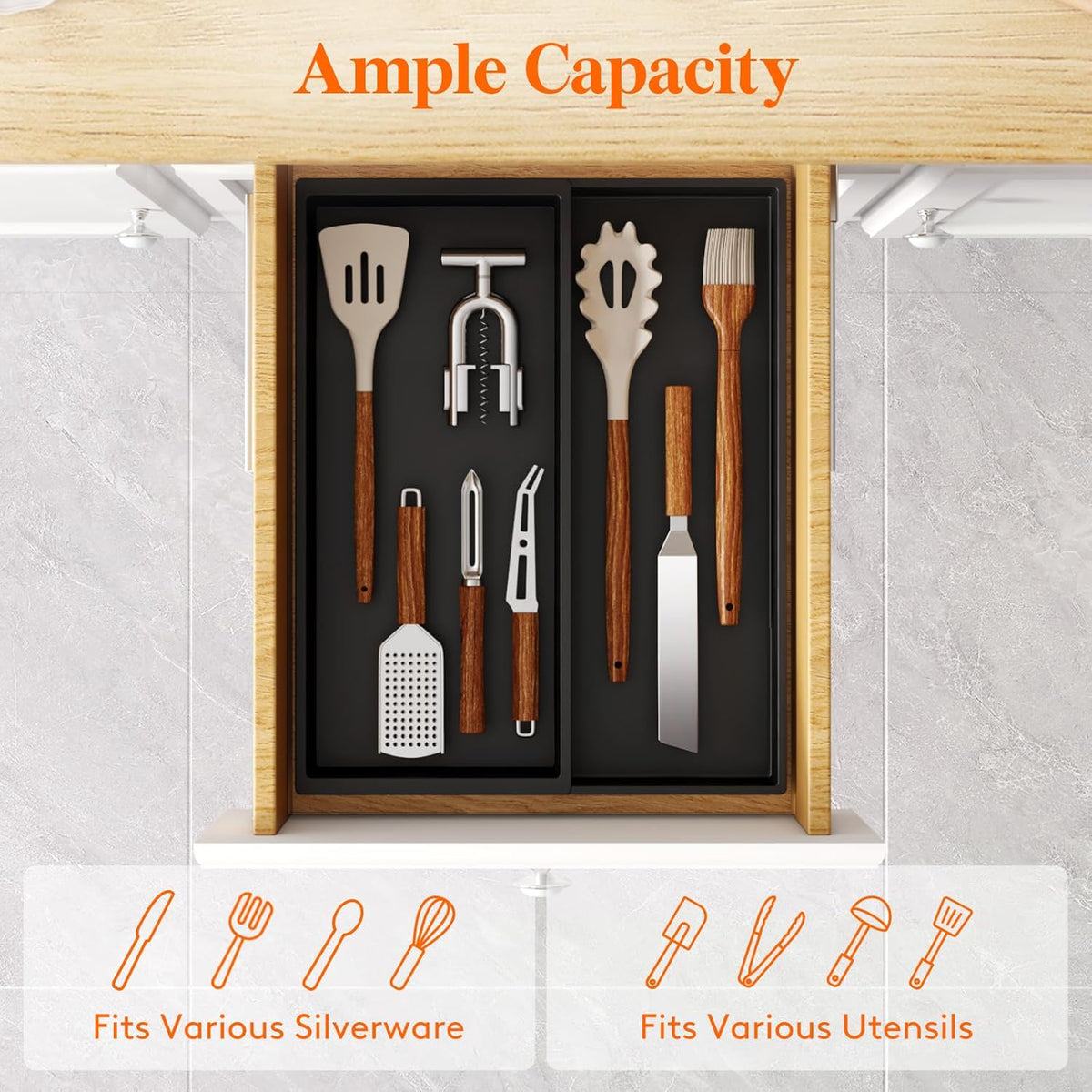 Utensil Organizer for Kitchen Drawer, Expandable Cooking Silverware Tray, Adjustable Cutlery Flatware Holder, Plastic Spatula Tools Storage Divider, 14.4 x 15.8", Black