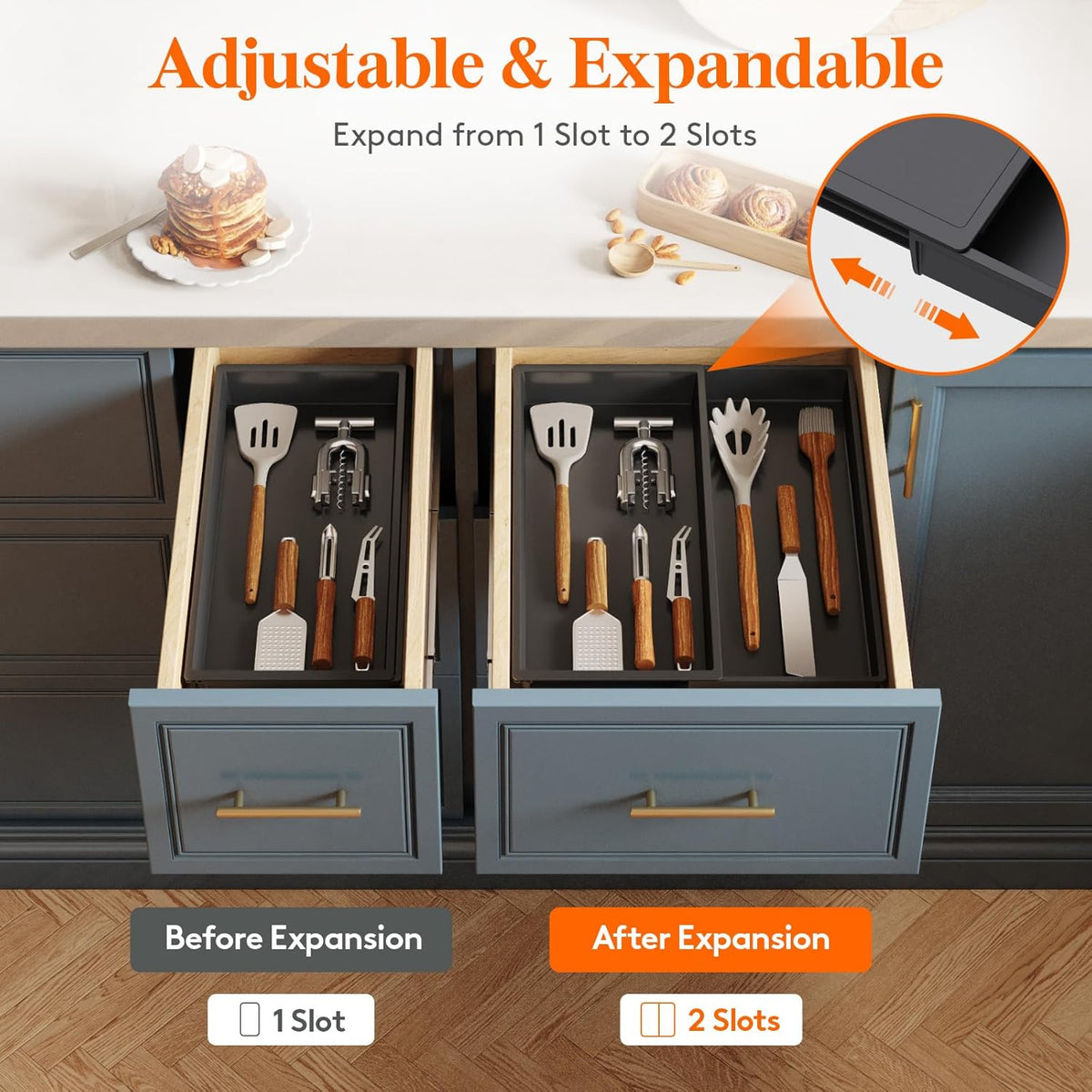 Utensil Organizer for Kitchen Drawer, Expandable Cooking Silverware Tray, Adjustable Cutlery Flatware Holder, Plastic Spatula Tools Storage Divider, 14.4 x 15.8", Black