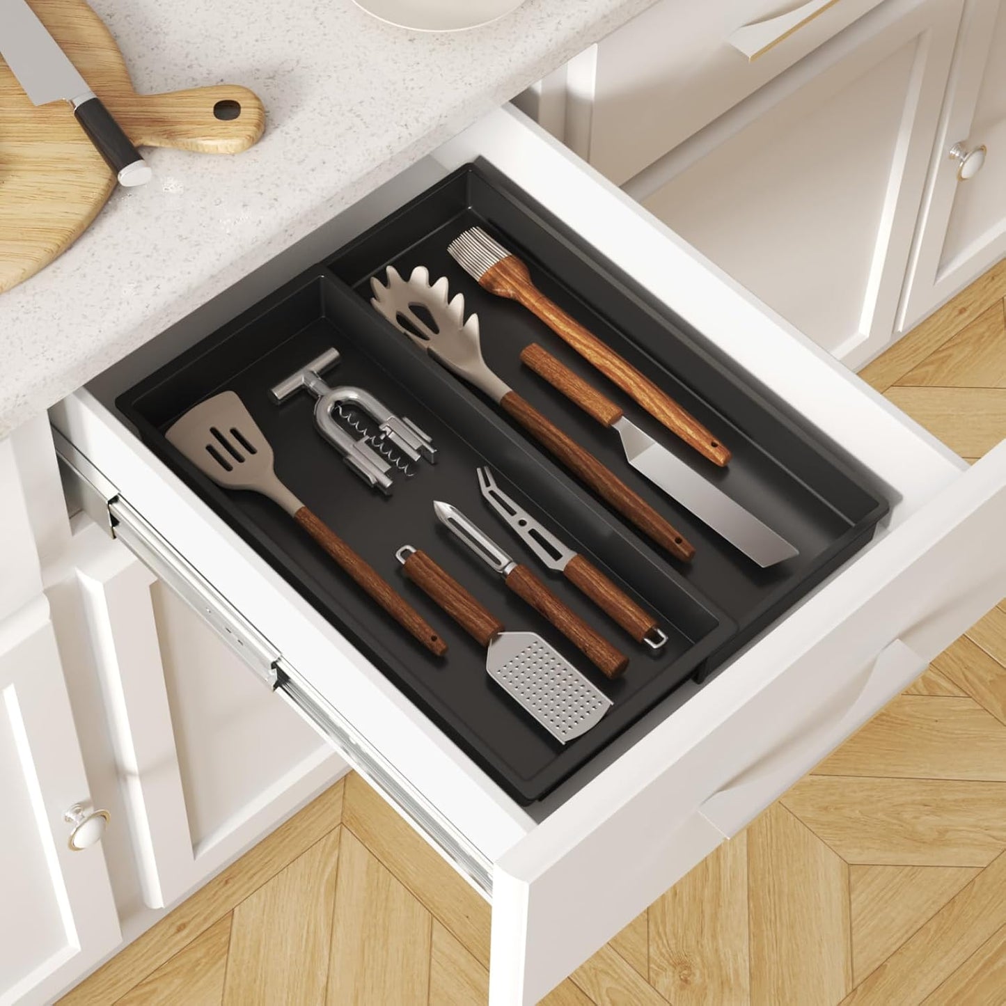 Utensil Organizer for Kitchen Drawer, Expandable Cooking Silverware Tray, Adjustable Cutlery Flatware Holder, Plastic Spatula Tools Storage Divider, 14.4 x 15.8", Black
