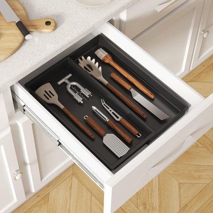 Utensil Organizer for Kitchen Drawer, Expandable Cooking Silverware Tray, Adjustable Cutlery Flatware Holder, Plastic Spatula Tools Storage Divider, 14.4 x 15.8", Black
