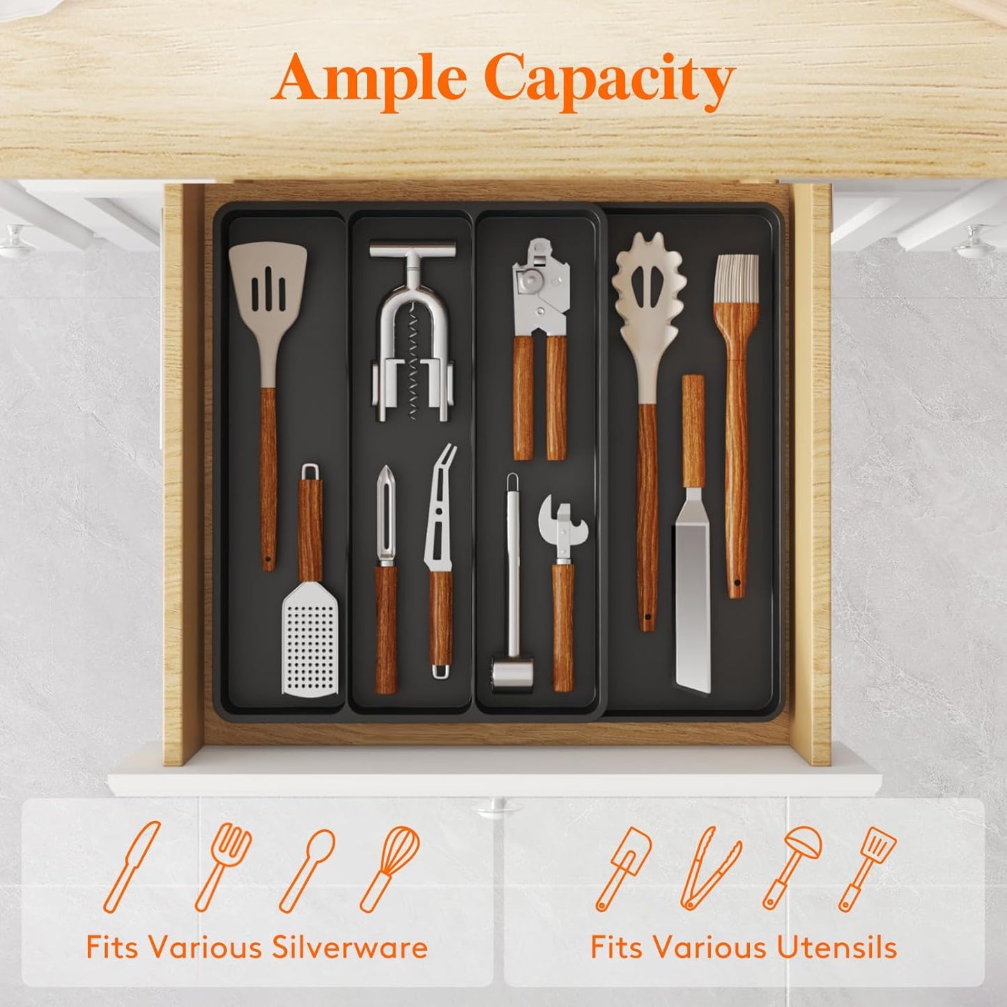 Utensil Organizer for Kitchen Drawer, Expandable Cooking Silverware Tray, Adjustable Cutlery Flatware Holder, Plastic Spatula Tools Storage Divider, 14.4 x 15.8", Black