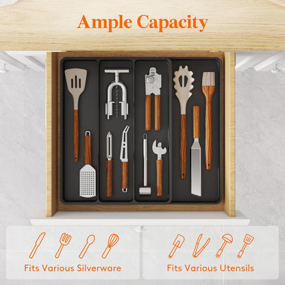 Utensil Organizer for Kitchen Drawer, Expandable Cooking Silverware Tray, Adjustable Cutlery Flatware Holder, Plastic Spatula Tools Storage Divider, 14.4 x 15.8", Black