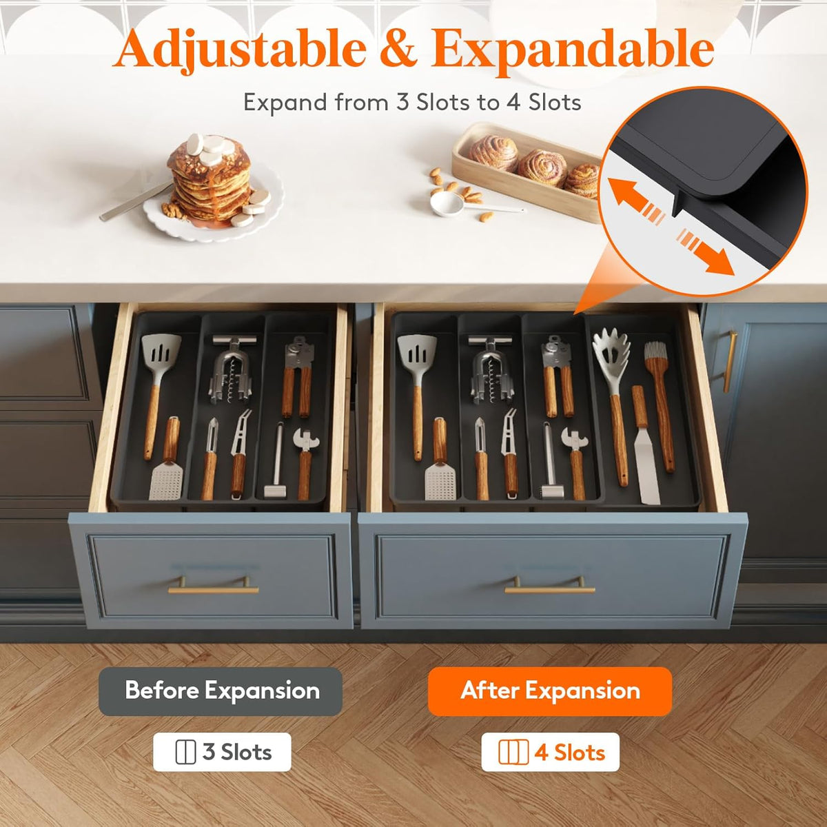 Utensil Organizer for Kitchen Drawer, Expandable Cooking Silverware Tray, Adjustable Cutlery Flatware Holder, Plastic Spatula Tools Storage Divider, 14.4 x 15.8", Black